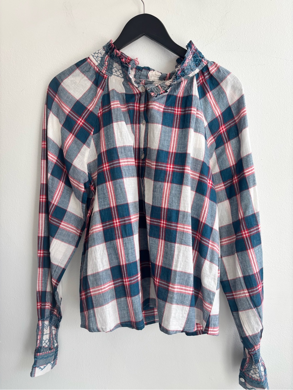 Women’s Plaid Long-Sleeve Button Peasant Top - Blue & White